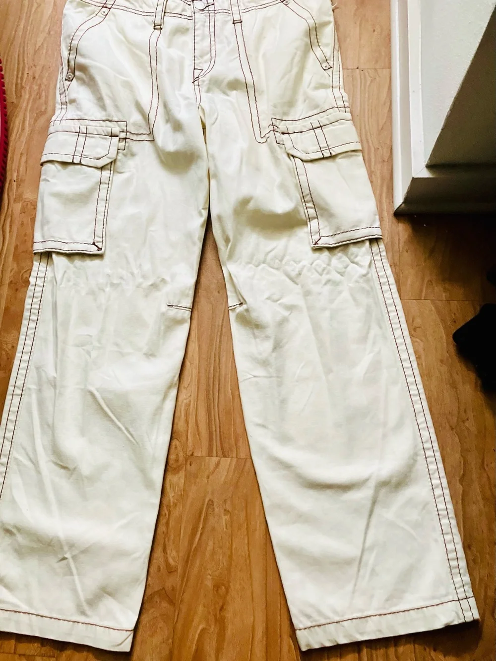 True Religion Winter White Cargo Pants with Brown Stitching